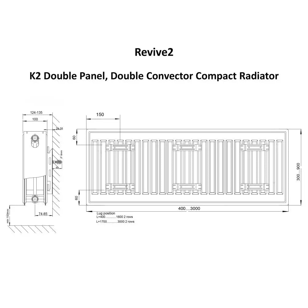 Revive2 600H X 400W Double Panel, Double Convector K2 Compact Radiator